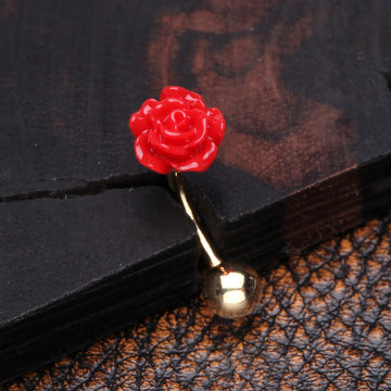 Detail View 1 of Golden Romantic Rose Blossom Curved Barbell-Red